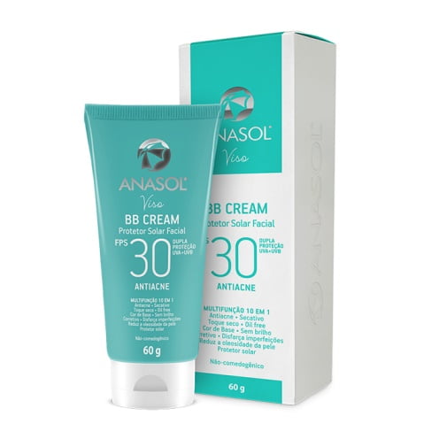 Anasol BB Cream Antiacne Protetor Solar Base FPS30 60G - Toque Seco - Sem Brilho - Hipoalergênico