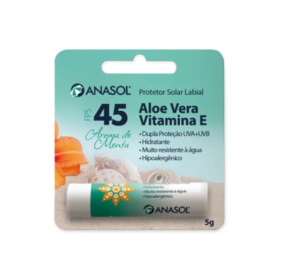 Anasol Protetor Solar Labial FPS 45 Menta 5 g - Aloe Vera - Vitamina E - Hipoalergênico